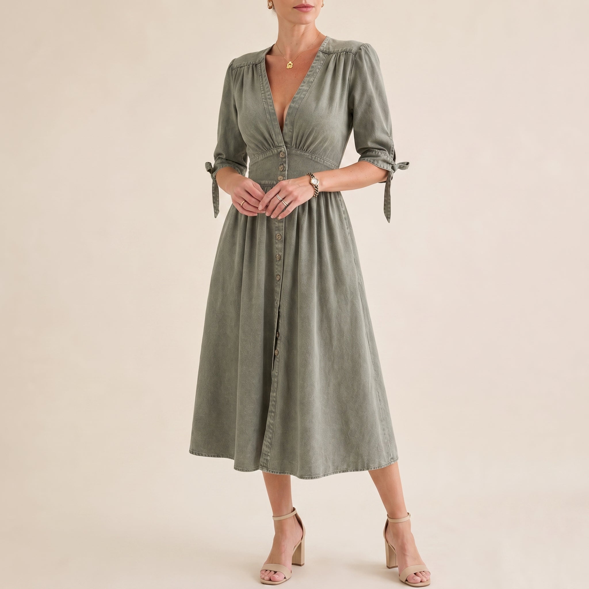 Sophie - Women's Summer Button-Down Midi Dress with Tie Sleeves