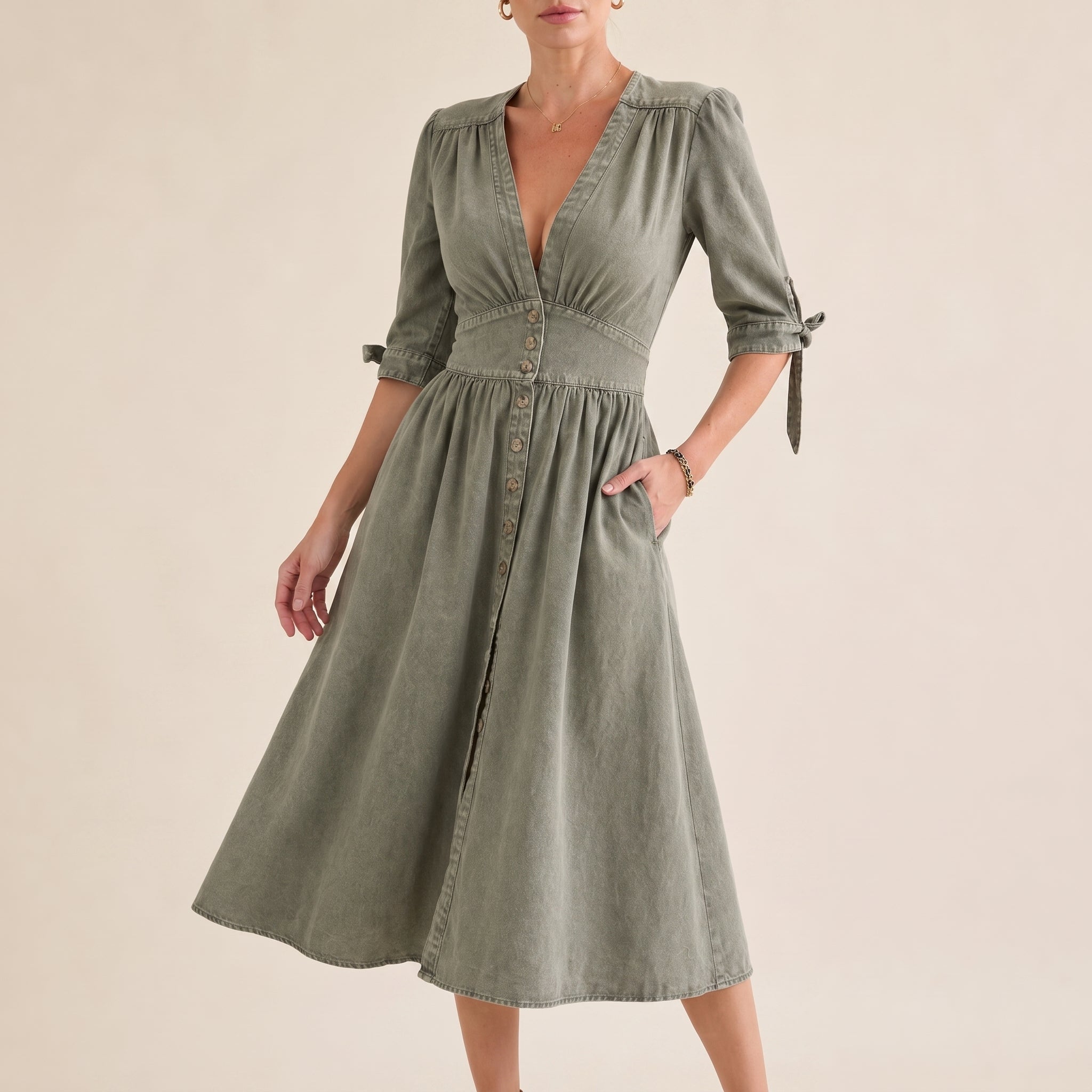 Sophie - Women's Summer Button-Down Midi Dress with Tie Sleeves