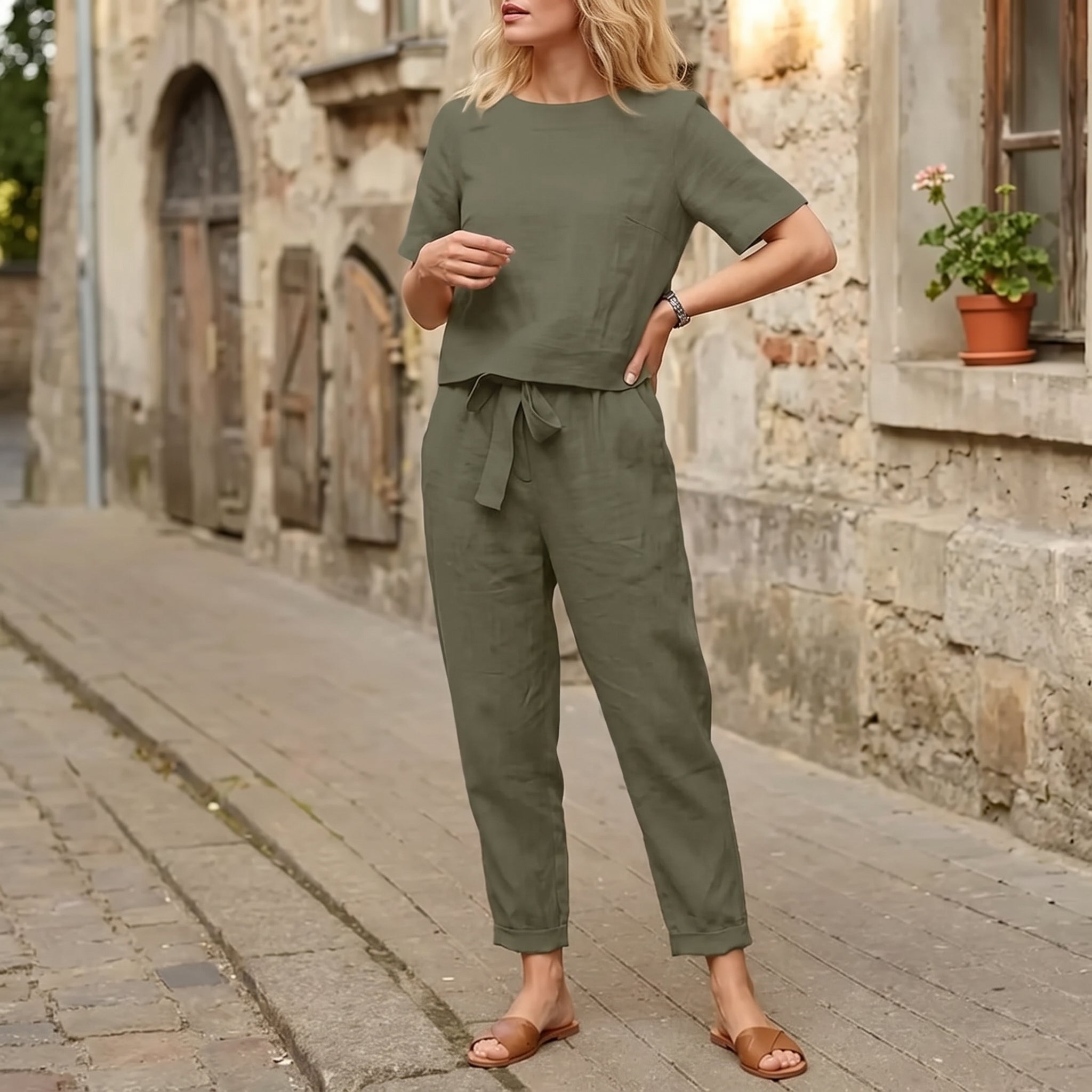 Phoebe - Women's Summer Short Sleeve Self-Tie Trouser Set