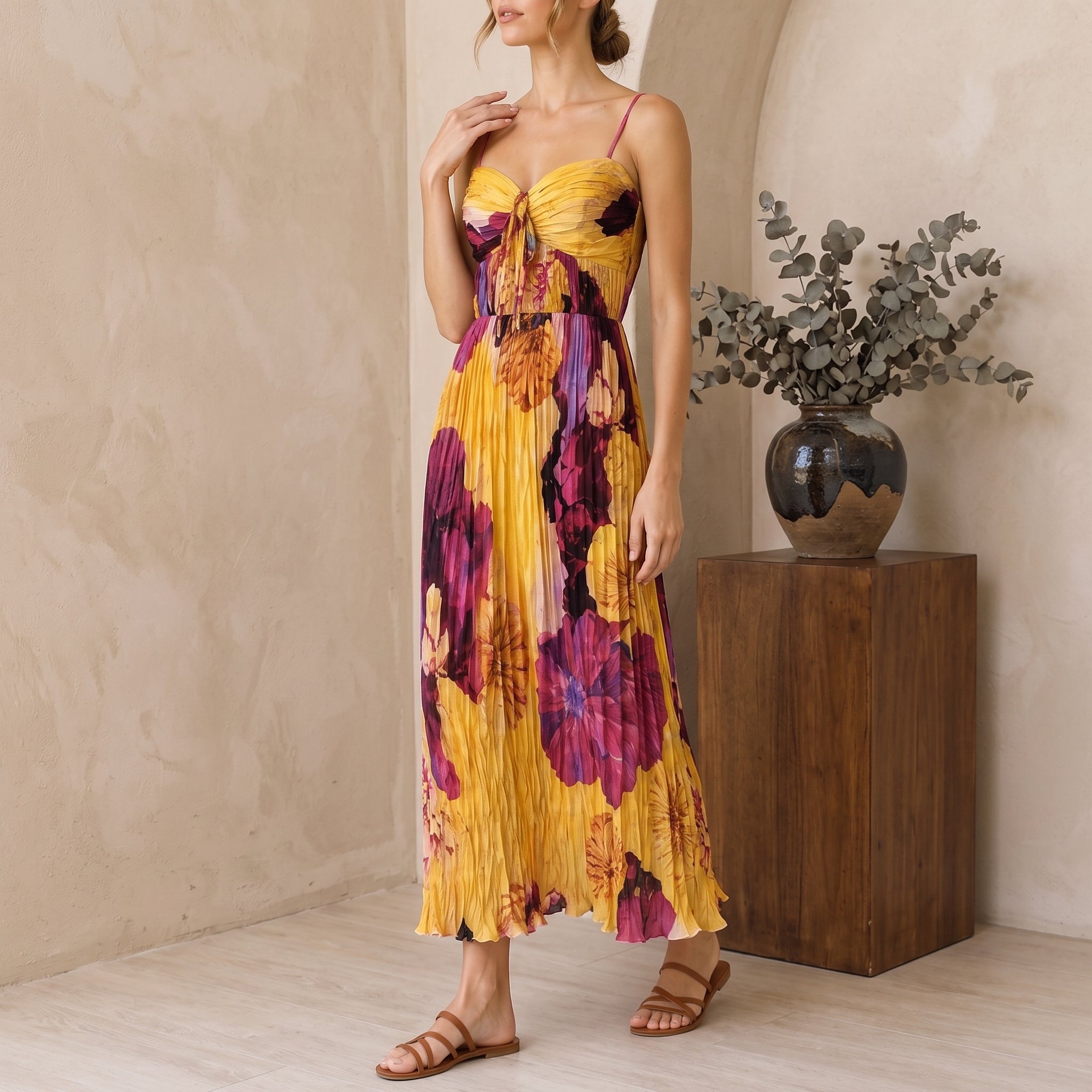 Leonie - Women's Summer Floral Pleated Ruched Midi Dress