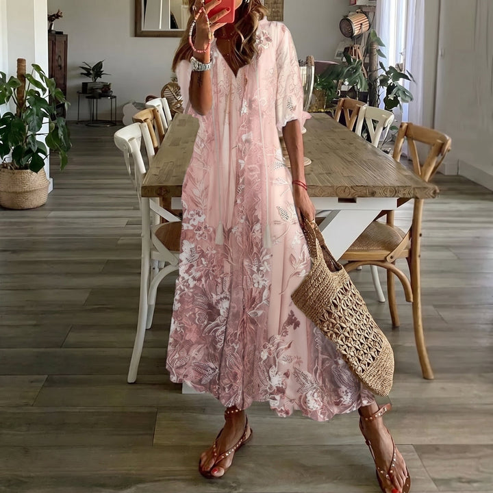 Rosa - Women's Summer Floral Print Tassel Tie Maxi Dress
