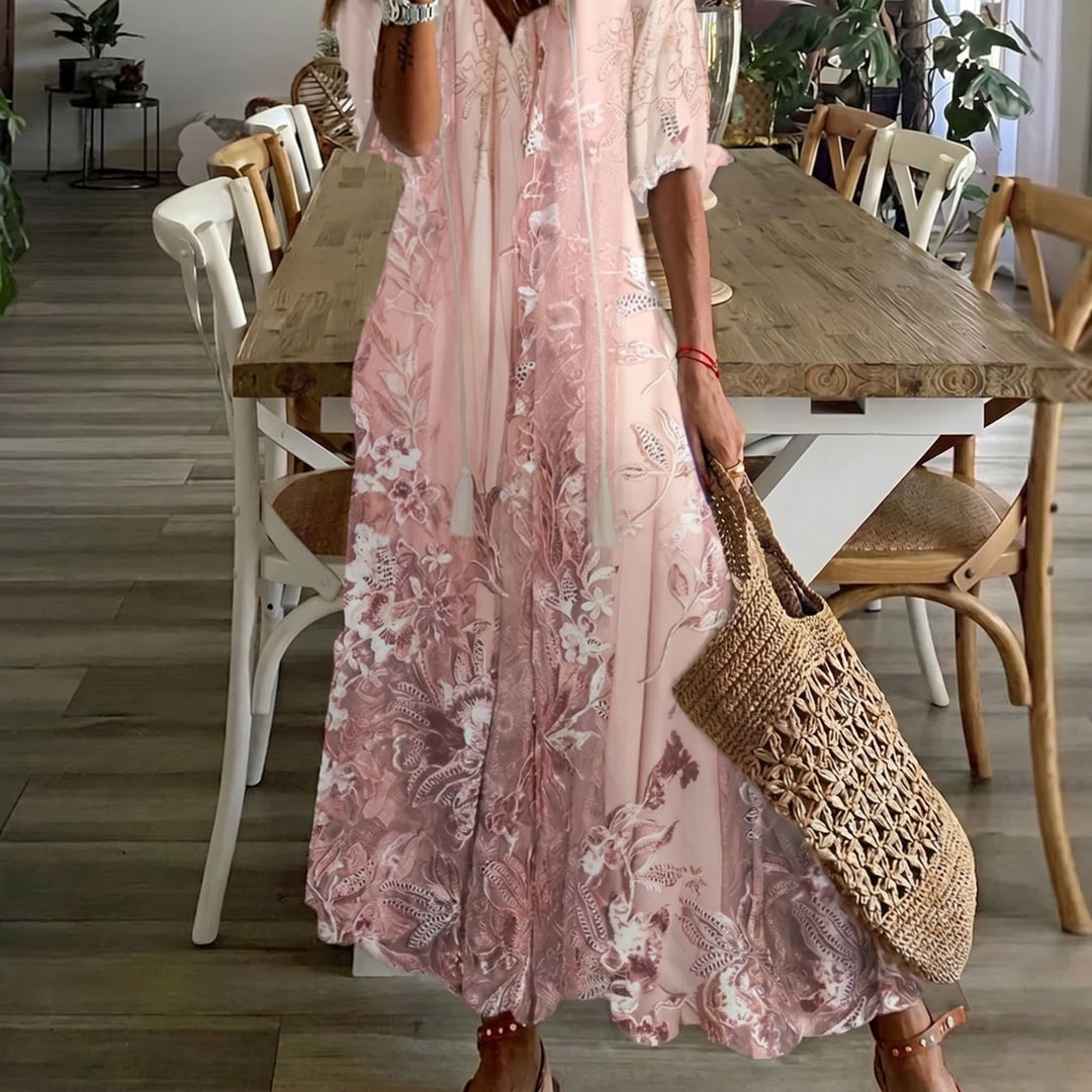 Rosa - Women's Summer Floral Print Tassel Tie Maxi Dress