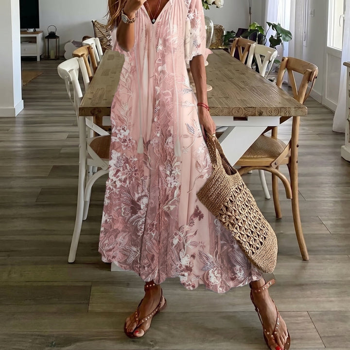 Rosa - Women's Summer Floral Print Tassel Tie Maxi Dress
