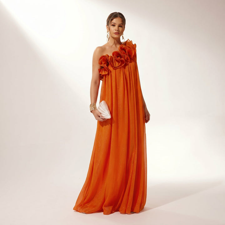Sofia - Women's Evening One-Shoulder Rosette Maxi Dress