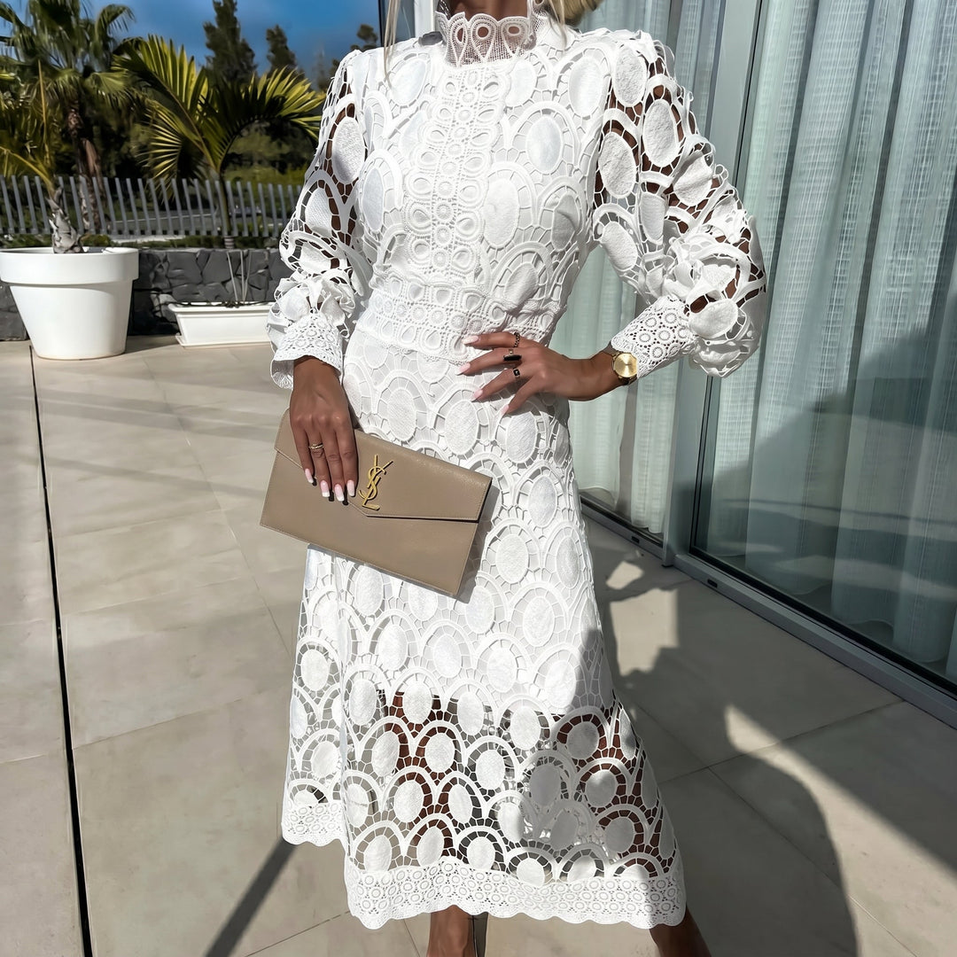 Eleanor - Women's Lace Long Sleeve High Neck Midi Dress