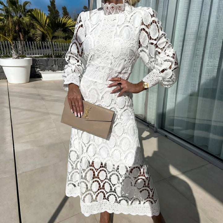 Eleanor - Women's Lace Long Sleeve High Neck Midi Dress