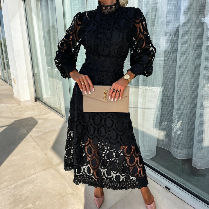 Eleanor - Women's Lace Long Sleeve High Neck Midi Dress