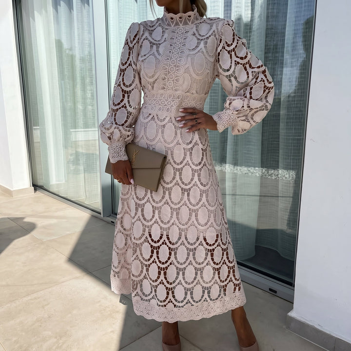 Eleanor - Women's Lace Long Sleeve High Neck Midi Dress