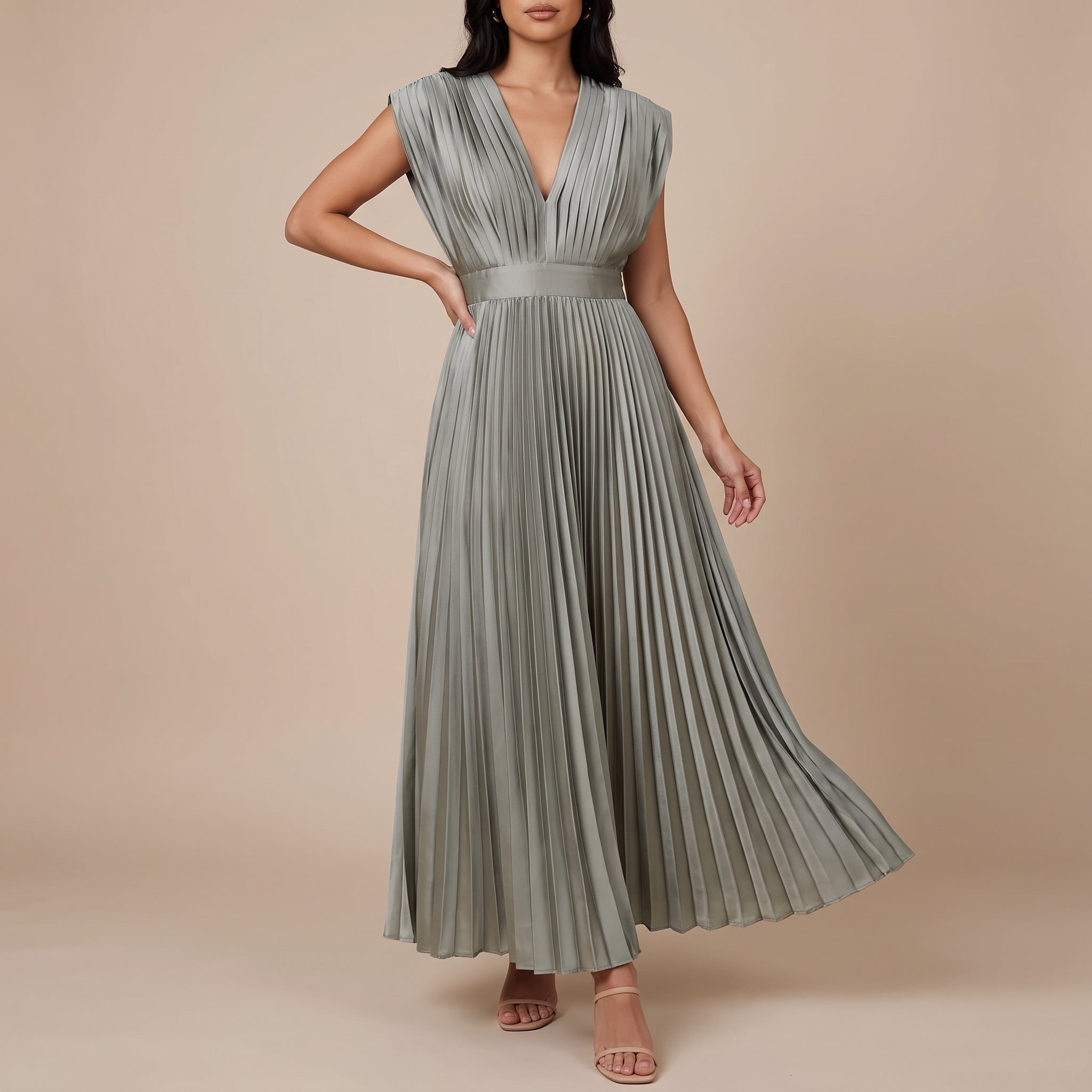 Clara - Women's Wedding Guest Pleated Cap Sleeves Maxi Dress