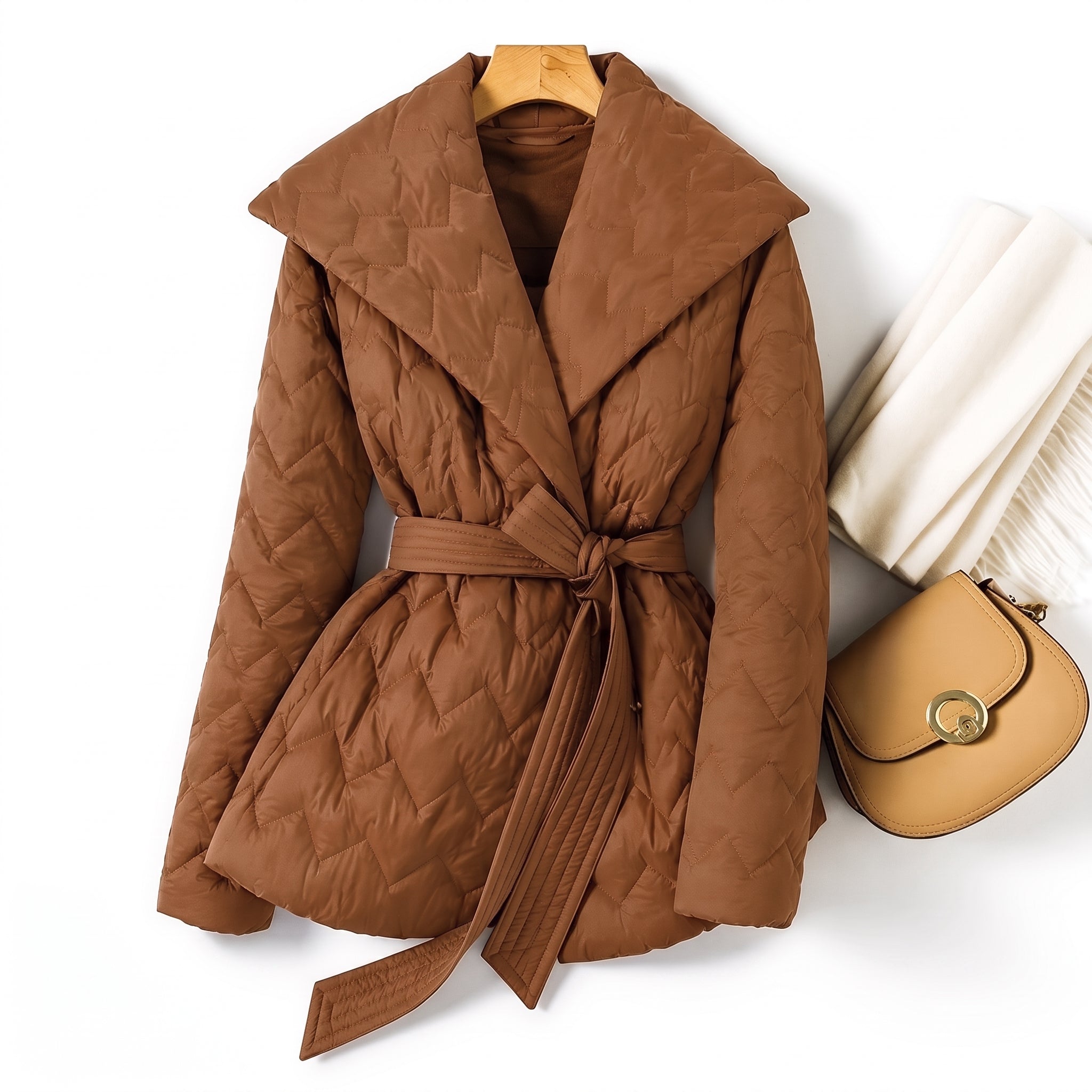 Sophia - Women's Quilted Belted Puffer Jacket with Shawl Collar