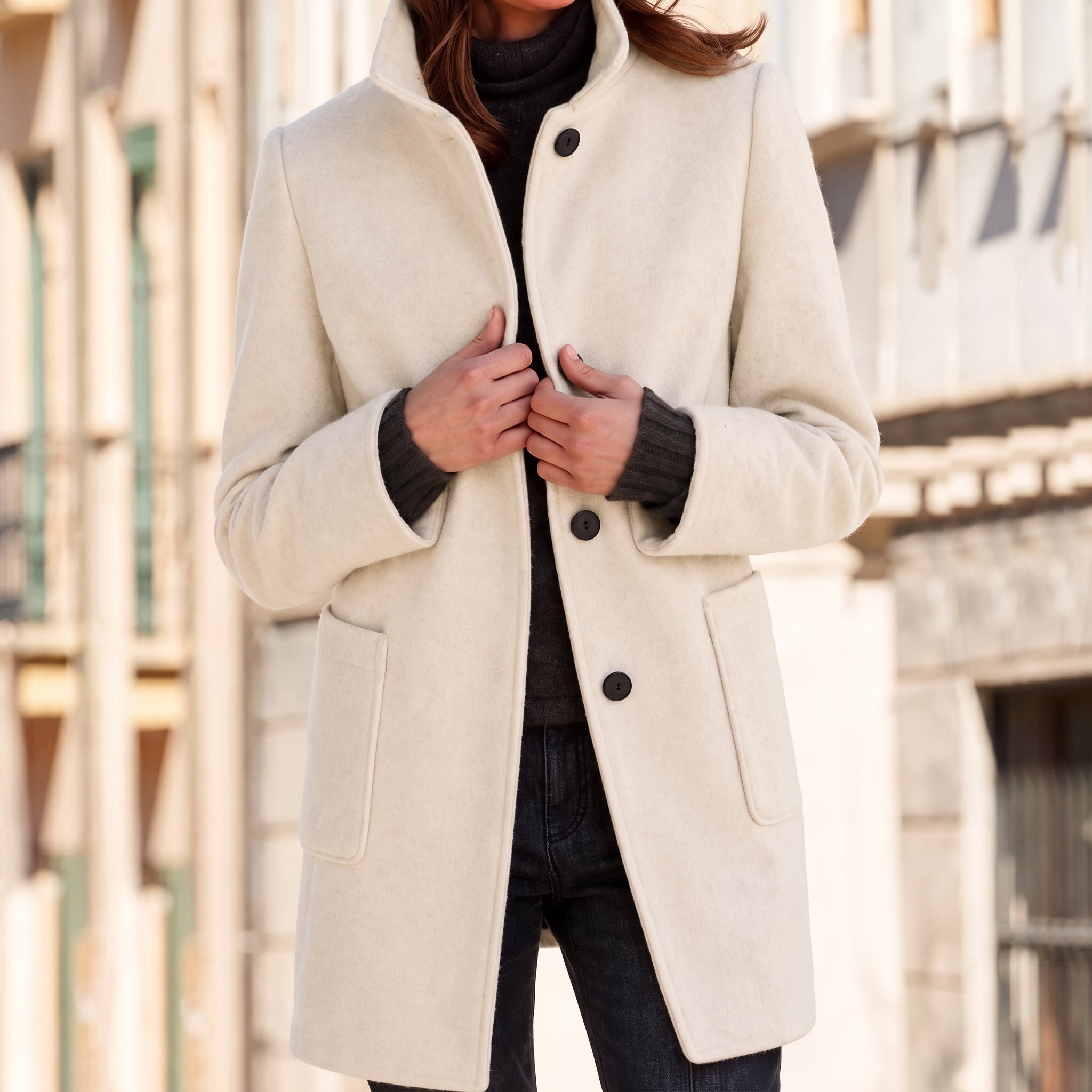 Charlotte - Women's Longline Wool-Look Coat with Stand Collar