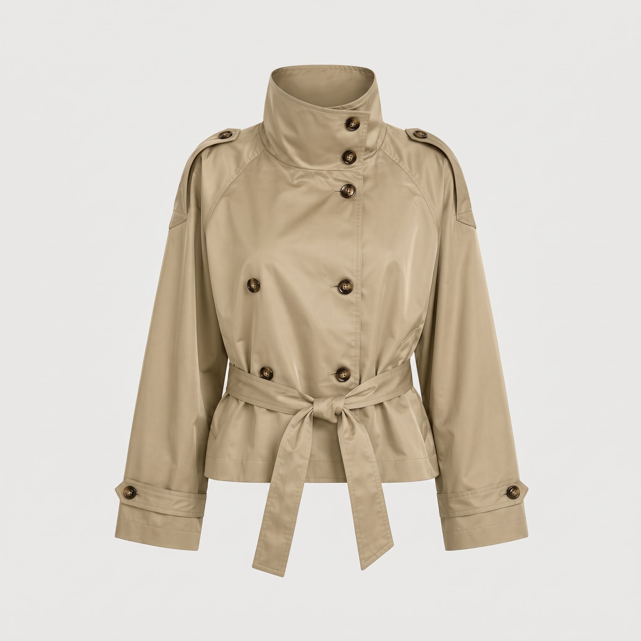 Olivia - Women's Double-Breasted Cropped Trench Jacket with Stand Collar