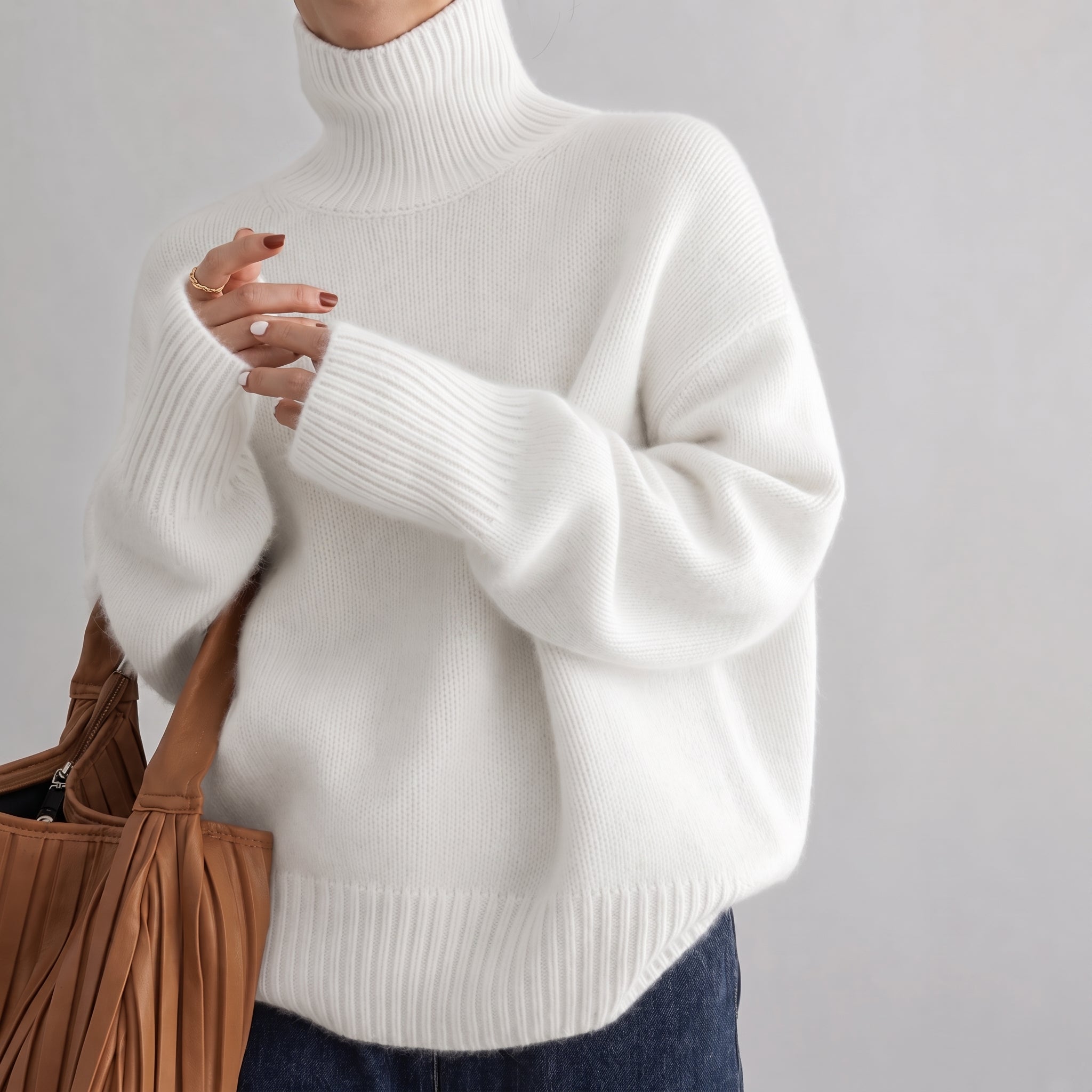 Chloe - Women's Oversized Turtleneck Knit Jumper with Ribbed Cuffs