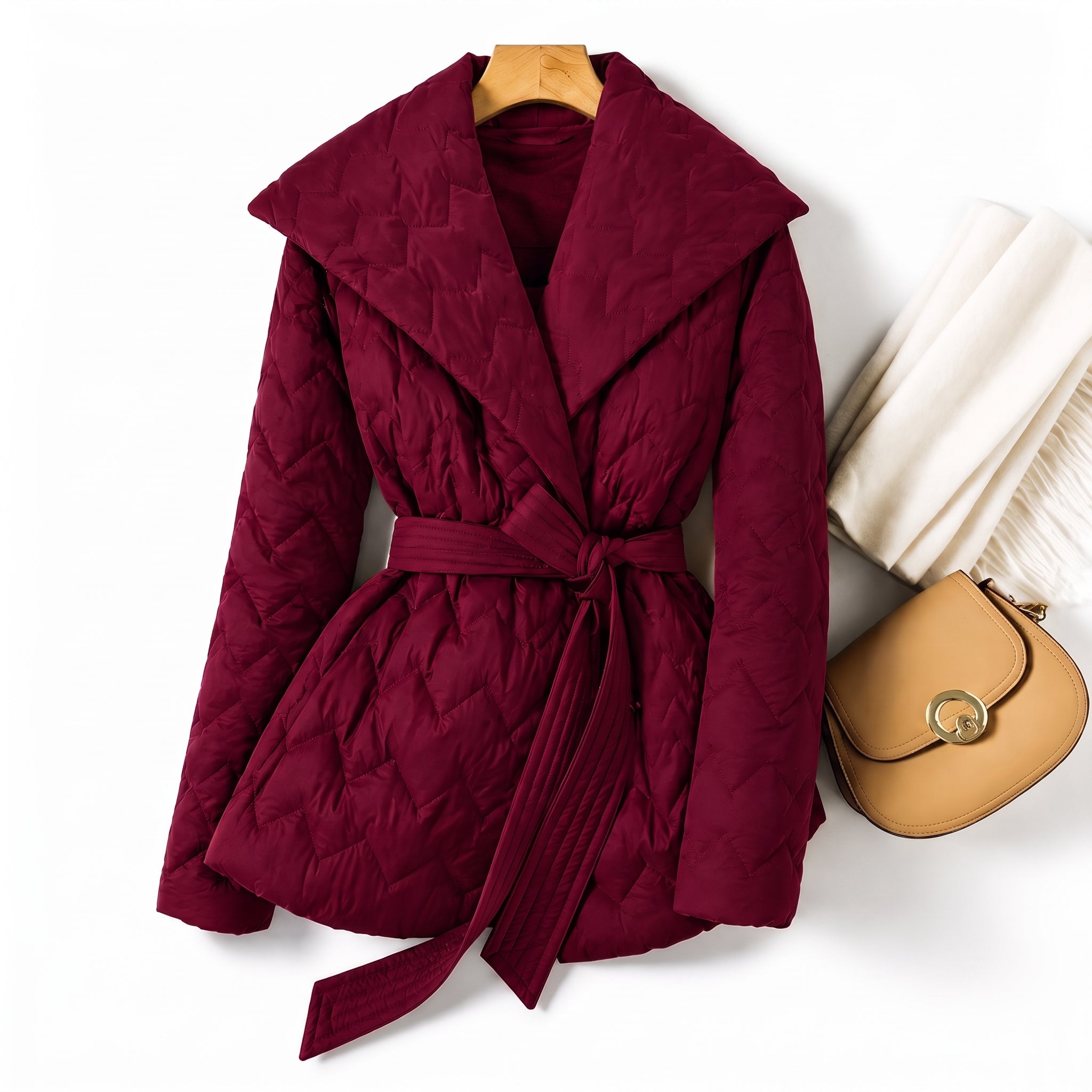 Sophia - Women's Quilted Belted Puffer Jacket with Shawl Collar