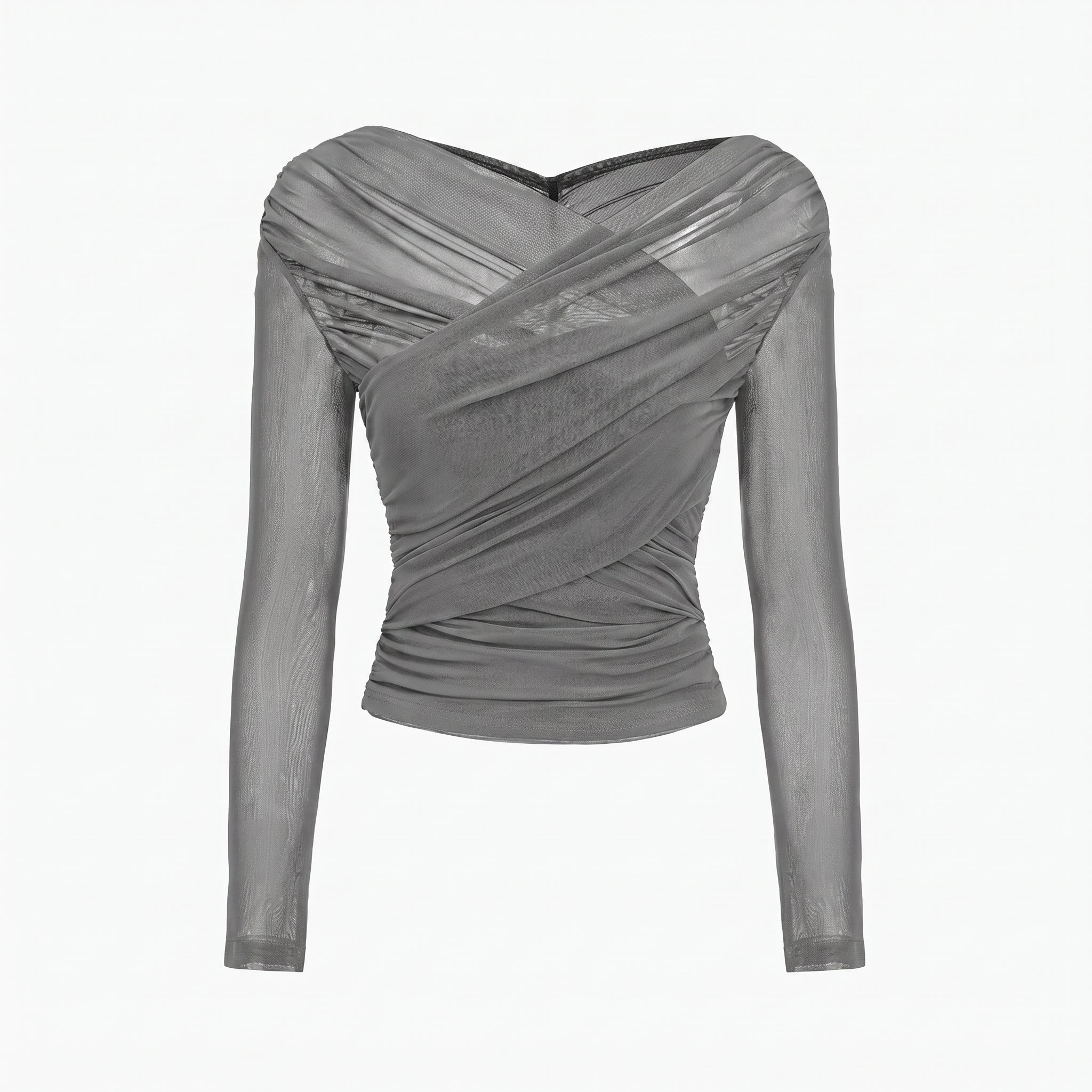 Isabelle - Women's Sheer Mesh Ruched Long Sleeve Crop Top
