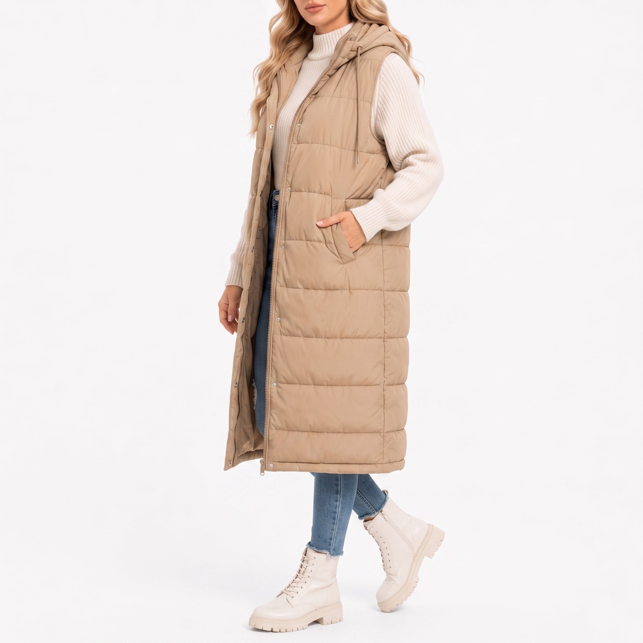 Isla - Women's Longline Hooded Puffer Gilet with Side Pockets