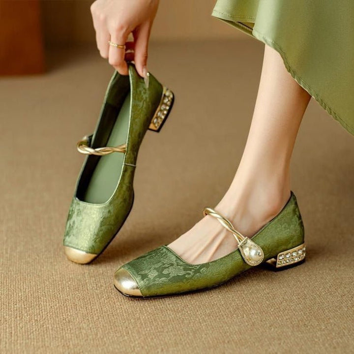 Cecilia - Women's Square Toe Mary Jane Pumps with Pearl Detail