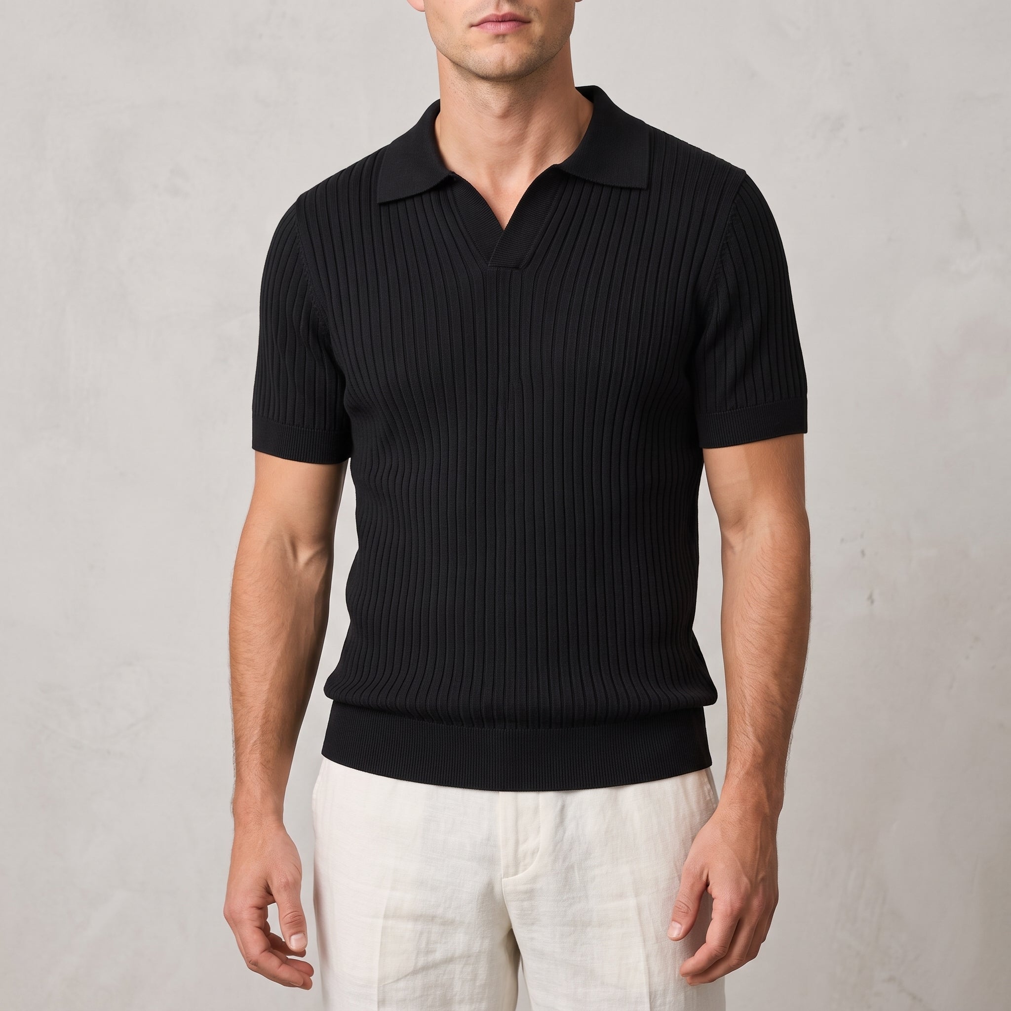 James - Men's Summer Open Collar Ribbed Polo Shirt