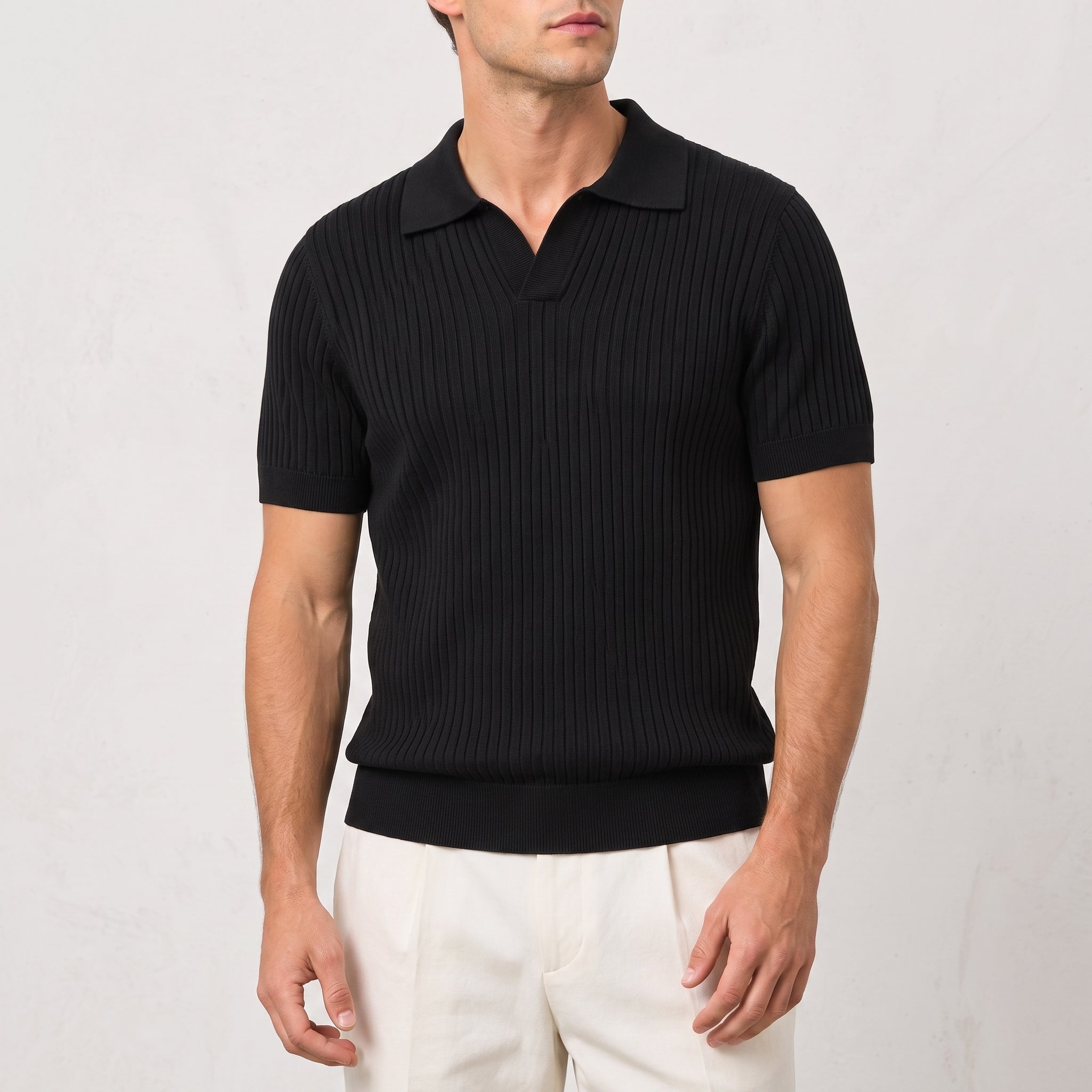 James - Men's Summer Open Collar Ribbed Polo Shirt