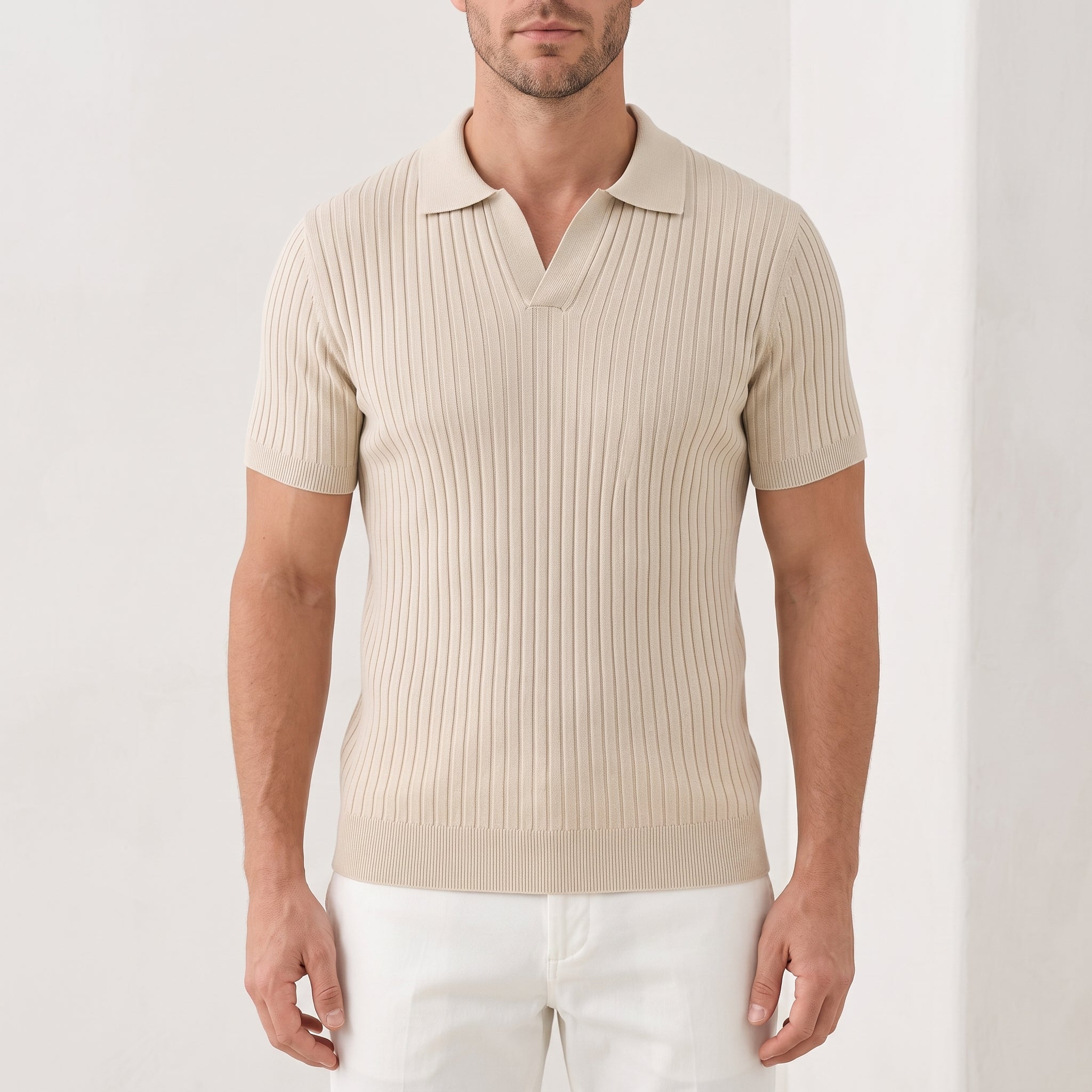 James - Men's Summer Open Collar Ribbed Polo Shirt