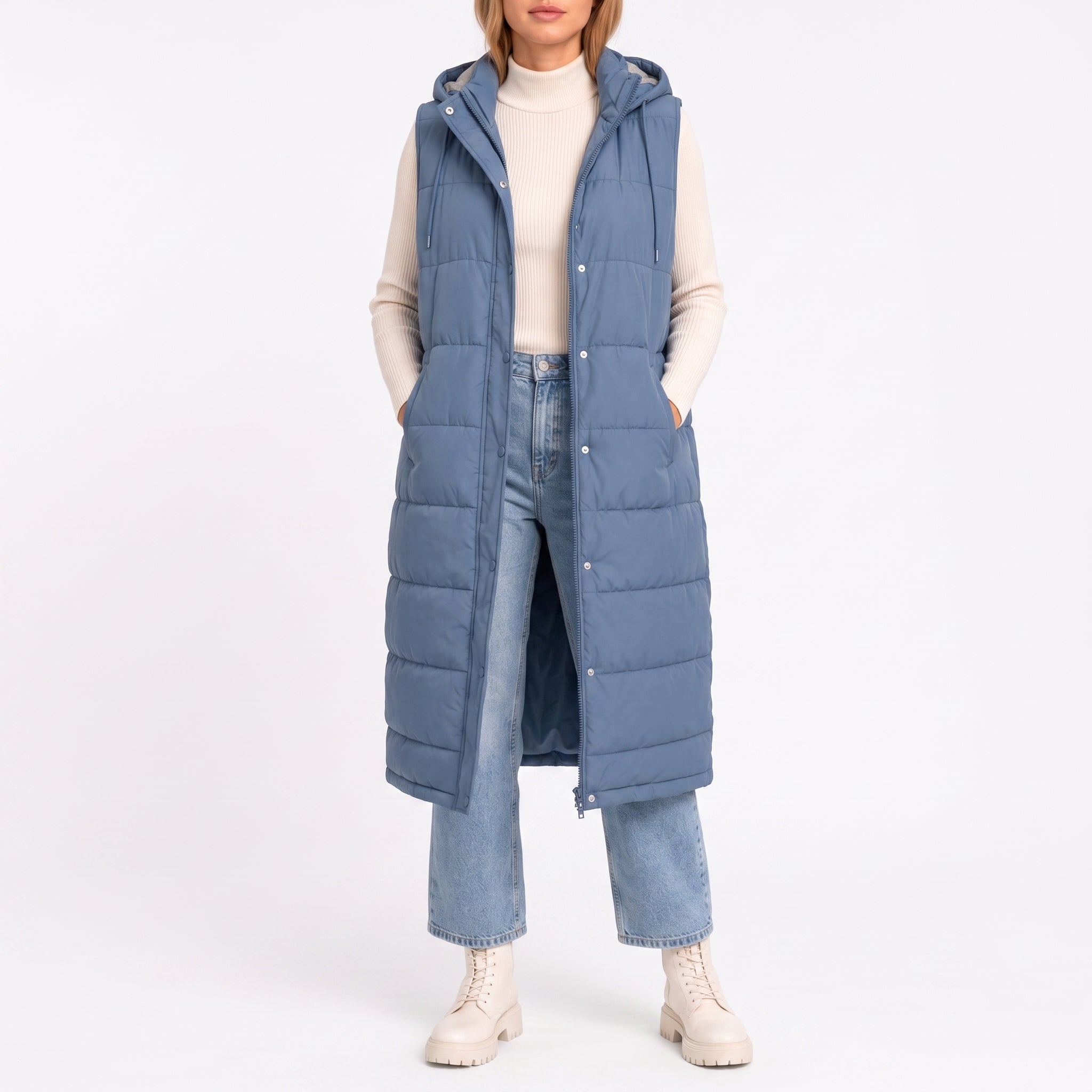 Isla - Women's Longline Hooded Puffer Gilet with Side Pockets