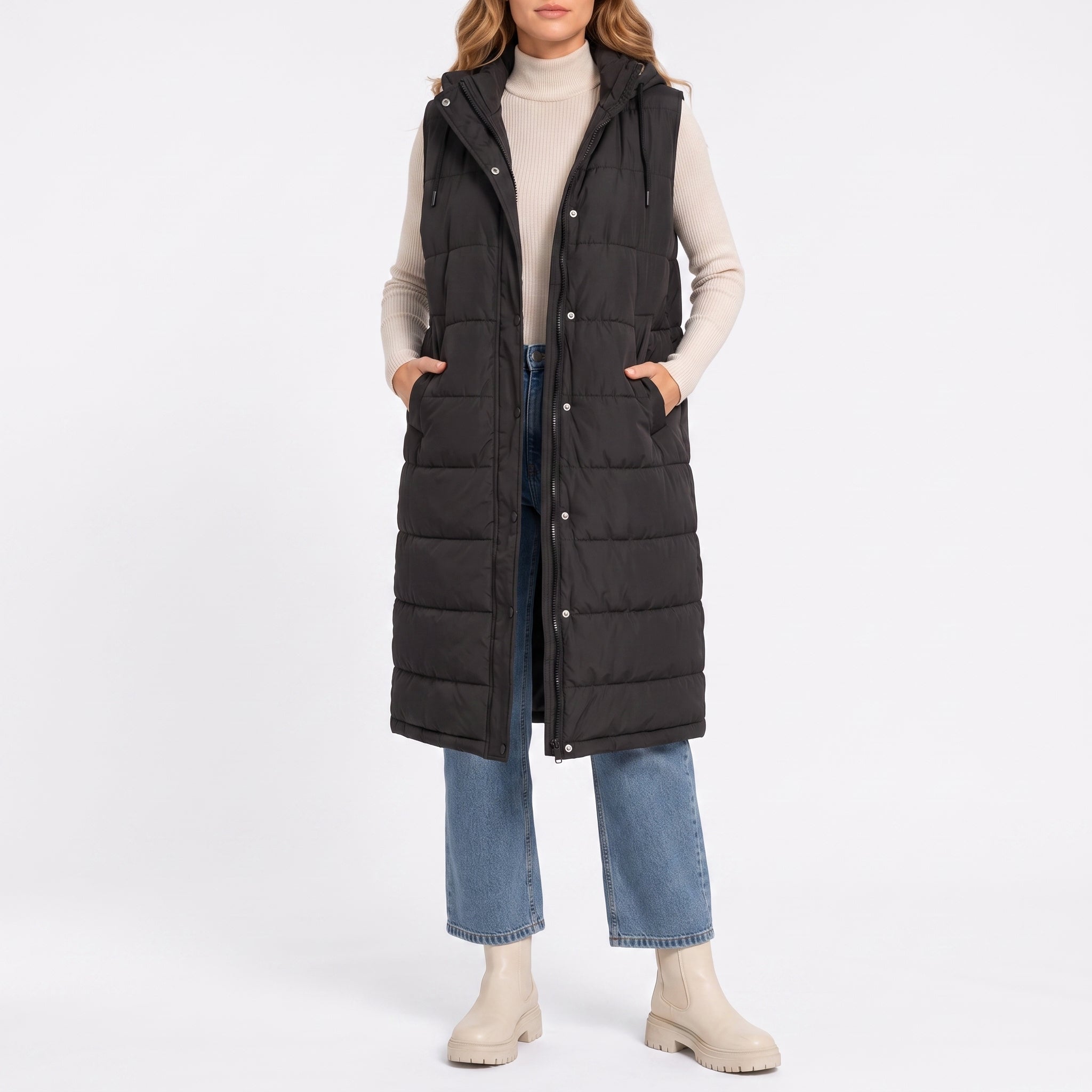 Isla - Women's Longline Hooded Puffer Gilet with Side Pockets