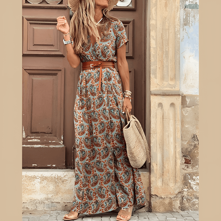 Freya - Women's Summer Boho Floral Wrap Maxi Dress with Belt