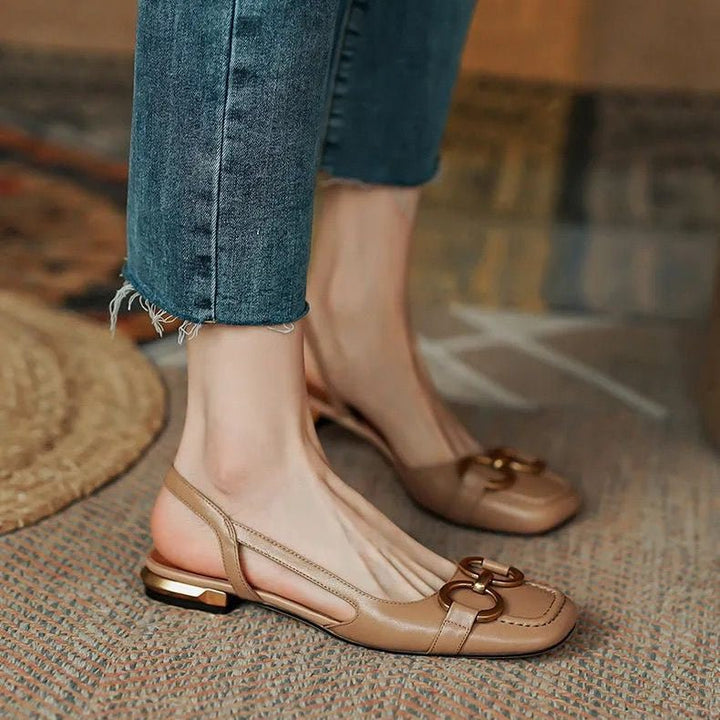 Daisy - Women's Block Low Heel Slingback Pumps with Gold Buckle