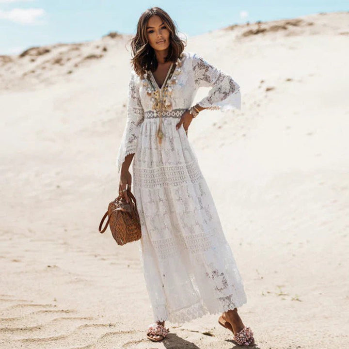 Freya - Women's Summer Lace Boho Maxi Dress with Belted Waist