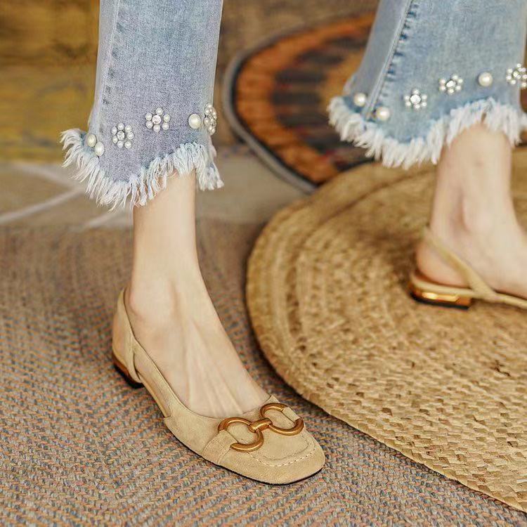 Daisy - Women's Block Low Heel Slingback Pumps with Gold Buckle