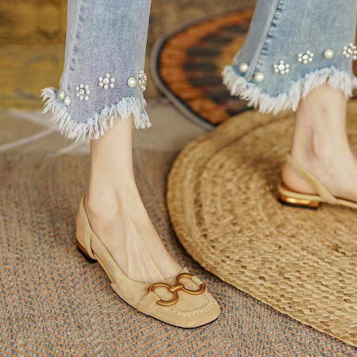Daisy - Women's Block Low Heel Slingback Pumps with Gold Buckle