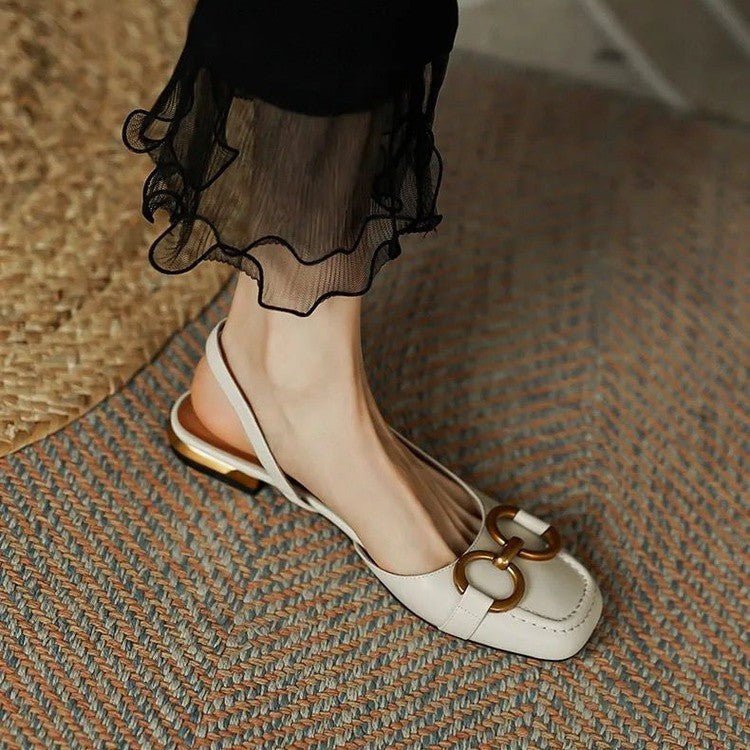 Daisy - Women's Block Low Heel Slingback Pumps with Gold Buckle
