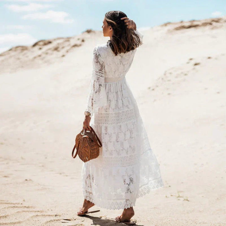 Freya - Women's Summer Lace Boho Maxi Dress with Belted Waist