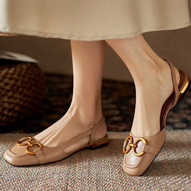 Daisy - Women's Block Low Heel Slingback Pumps with Gold Buckle