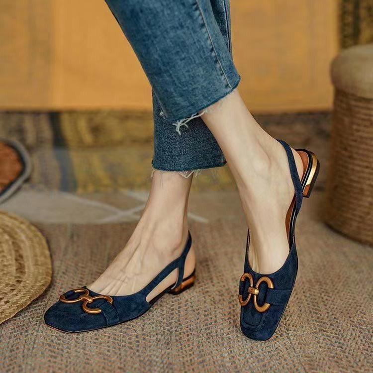Daisy - Women's Block Low Heel Slingback Pumps with Gold Buckle
