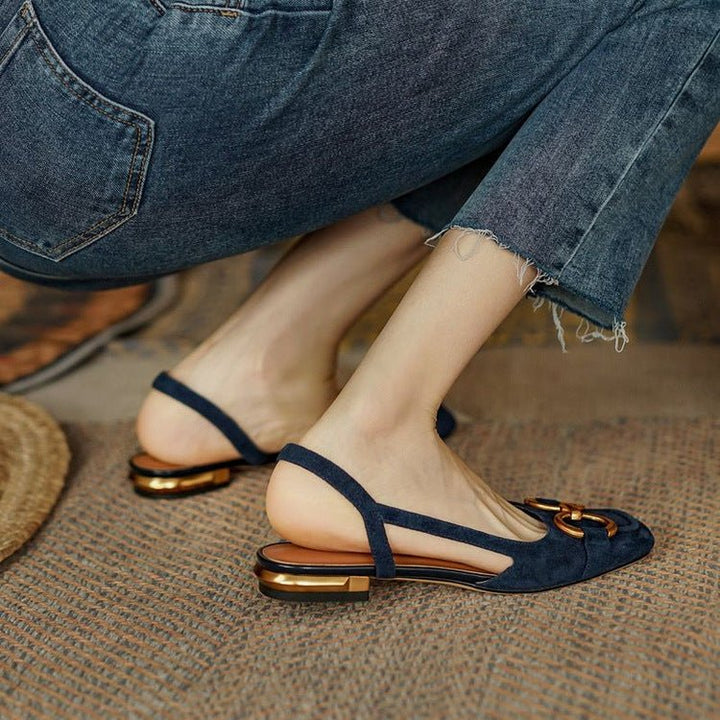 Daisy - Women's Block Low Heel Slingback Pumps with Gold Buckle