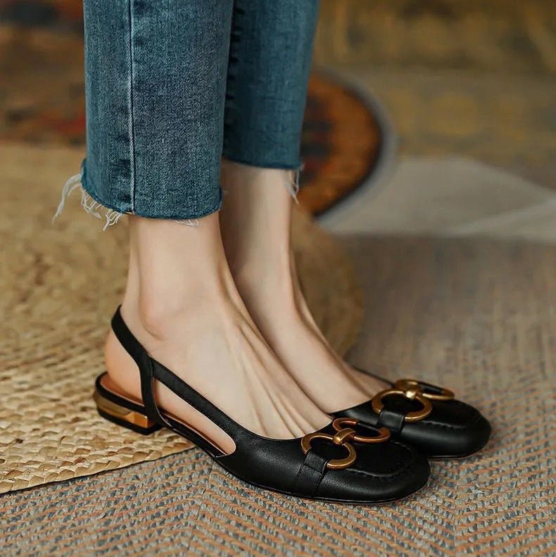 Daisy - Women's Block Low Heel Slingback Pumps with Gold Buckle