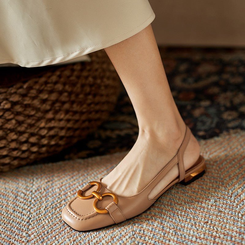 Daisy - Women's Block Low Heel Slingback Pumps with Gold Buckle