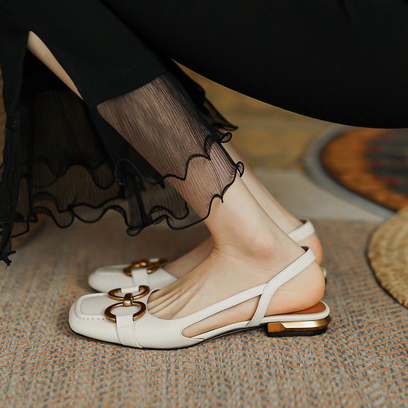Daisy - Women's Block Low Heel Slingback Pumps with Gold Buckle