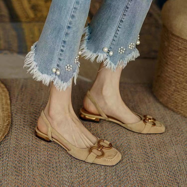 Daisy - Women's Block Low Heel Slingback Pumps with Gold Buckle