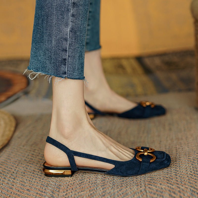 Daisy - Women's Block Low Heel Slingback Pumps with Gold Buckle