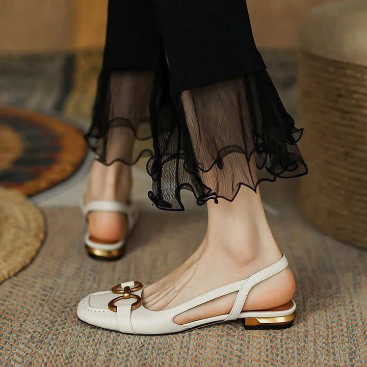 Daisy - Women's Block Low Heel Slingback Pumps with Gold Buckle