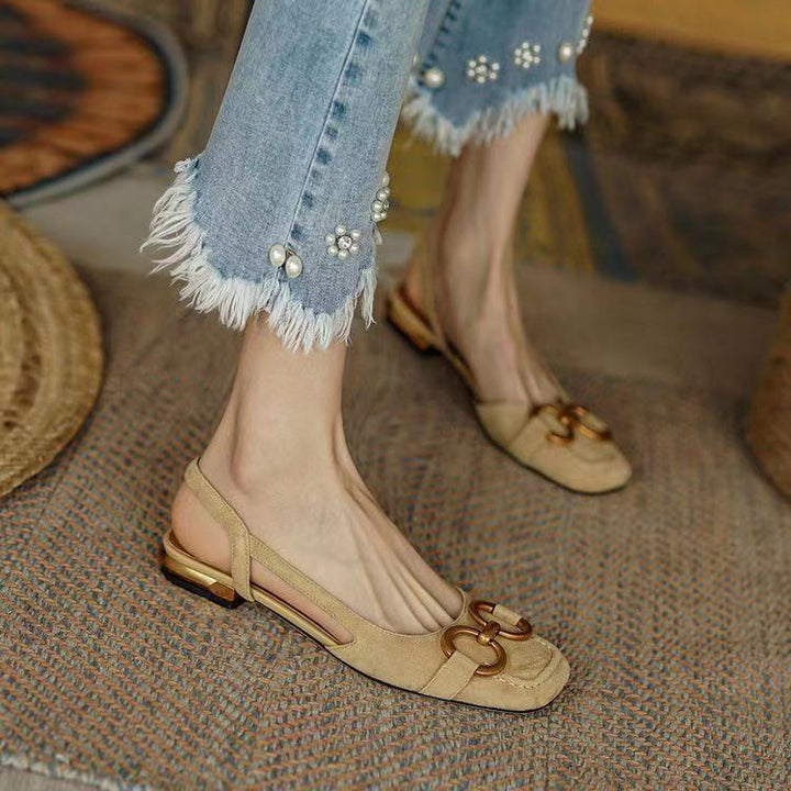 Daisy - Women's Block Low Heel Slingback Pumps with Gold Buckle