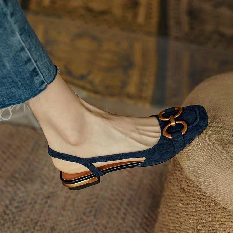 Daisy - Women's Block Low Heel Slingback Pumps with Gold Buckle