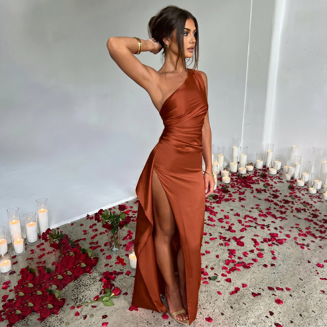 Elena - Women's Wedding Guest One-Shoulder Ruched Maxi Dress
