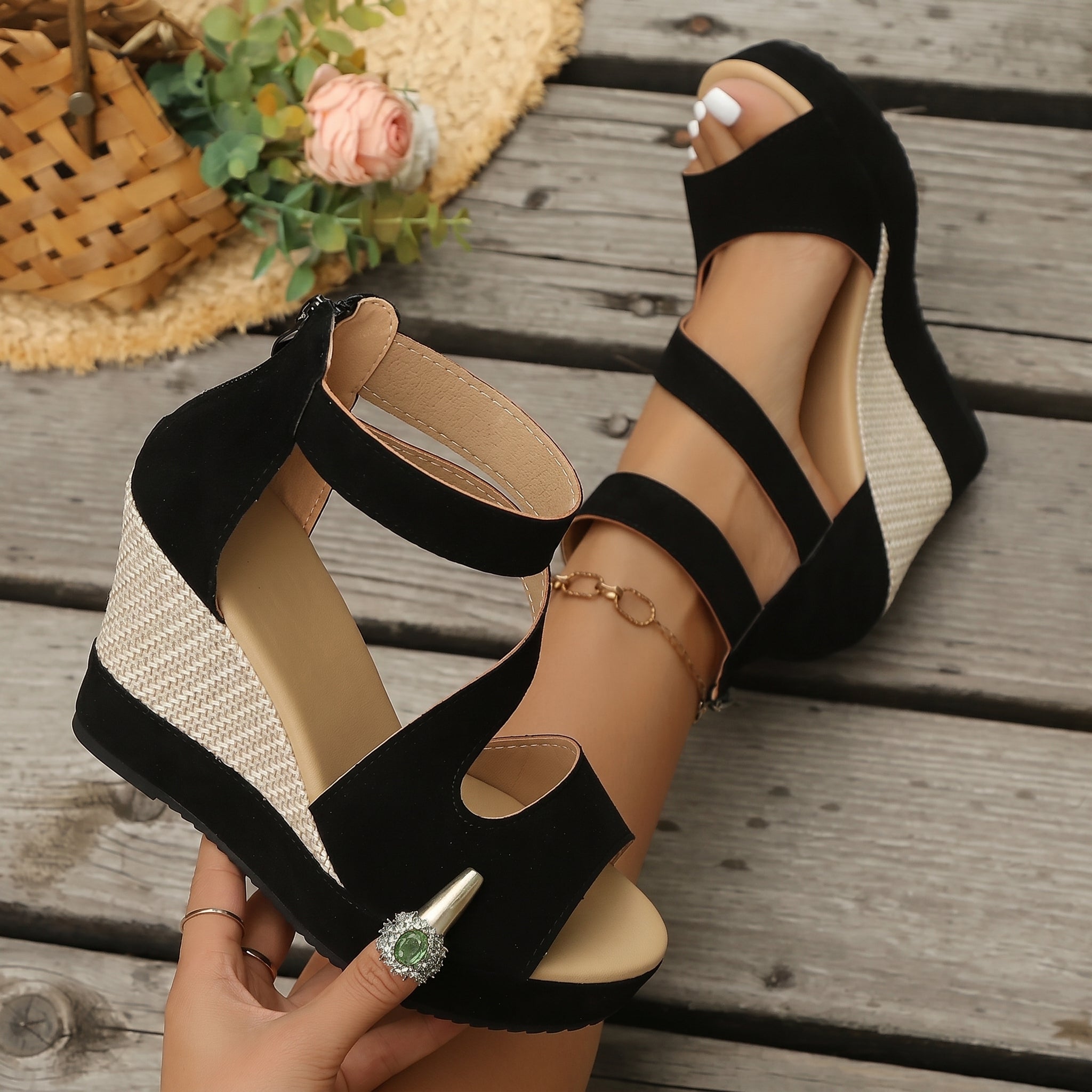 Charlotte - Women's High Wedge Peep Toe Sandals with Zip