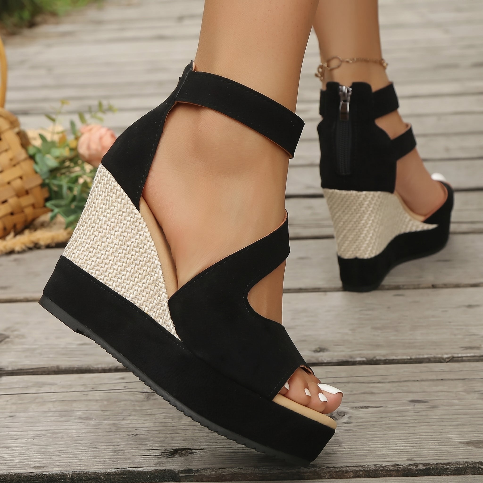 Charlotte - Women's High Wedge Peep Toe Sandals with Zip