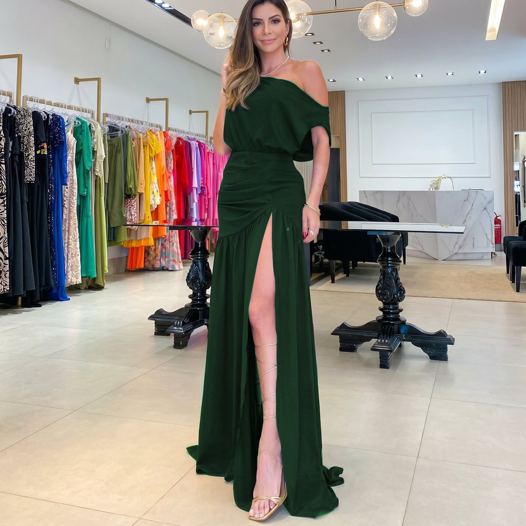 Sofia - Women's Evening Off-Shoulder Ruffle Maxi Dress with Side Split