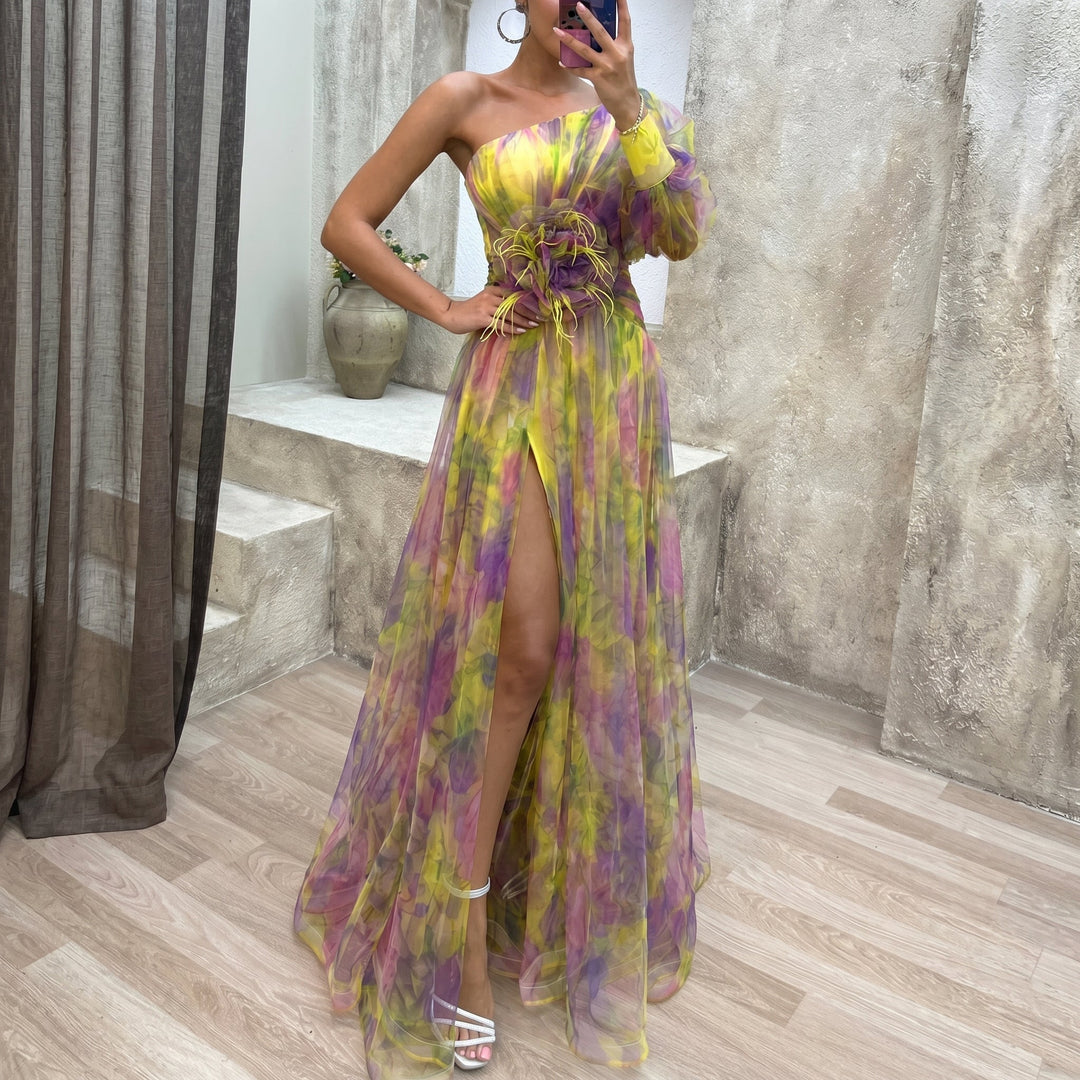 Sofia - Women's Evening Floral Tulle One-Shoulder Maxi Dress