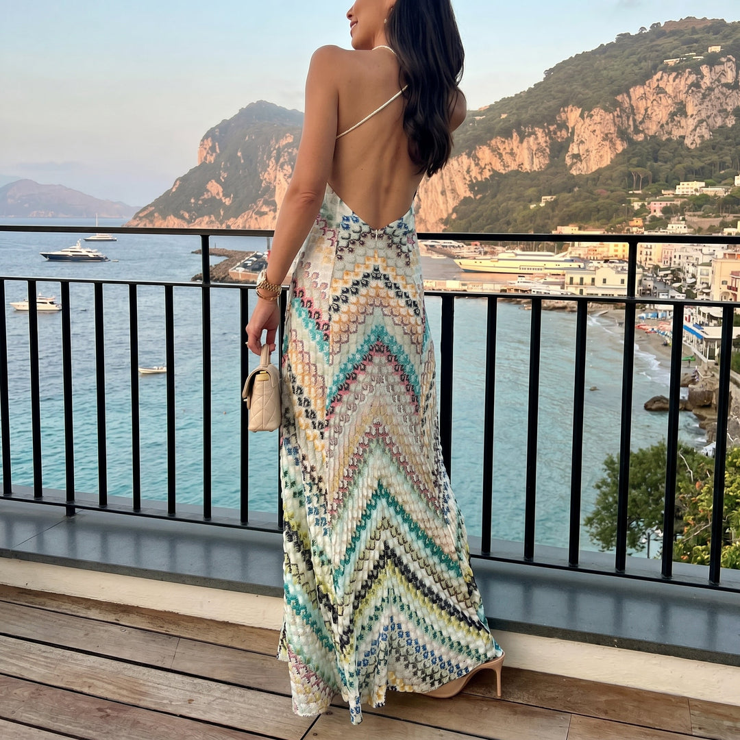 Clara - Women's Summer Chevron Print V-Neck Maxi Dress with Open Back
